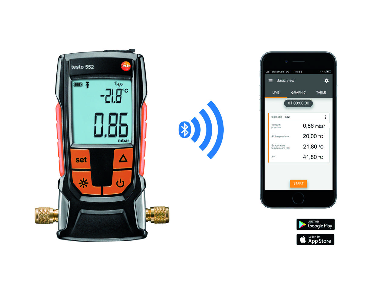 TESTO 552 Highly accurate vacuum gauge with Bluetooth. 0...26.66 mbar / 0...20,000 microns