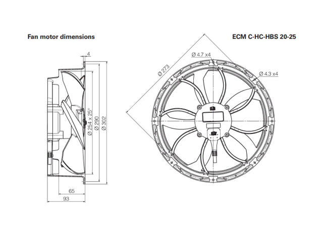 Fan motor Elco ø254mm 17W ECM HC 20-25-2 (EFC20250VA0540N) 230V 50/60Hz IP65 1300/100RPM
